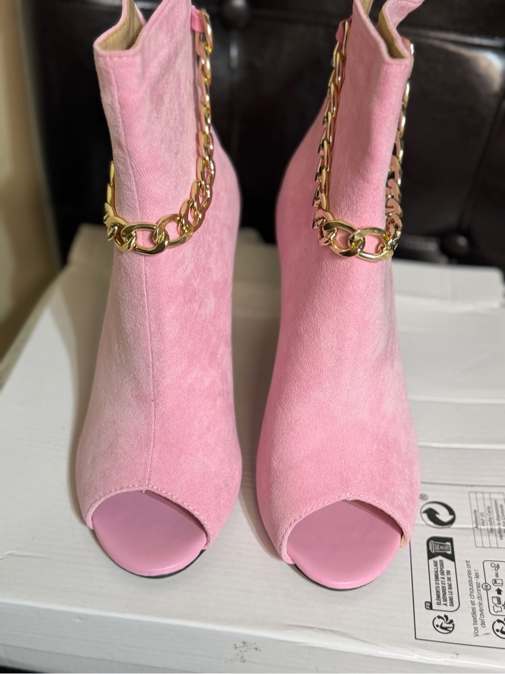 Pink Peep-Toe Chain-Trim Suede Ankle Boots - Women